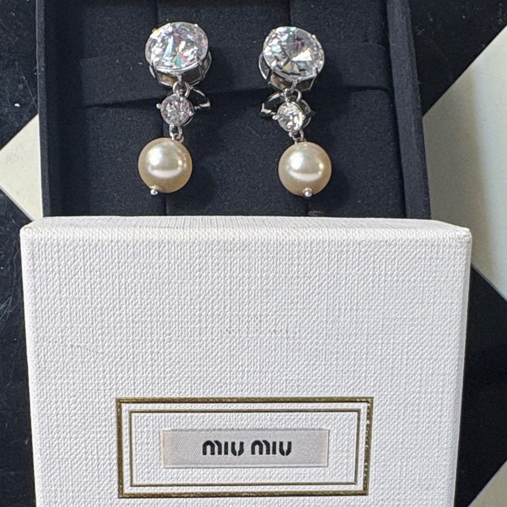 Miu Miu Silver and Pearl Dangle Clip Earrings